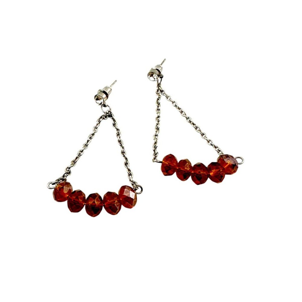 90s Amber Beaded Triangle Dangle Earrings Silver Tone Boho Geometric
